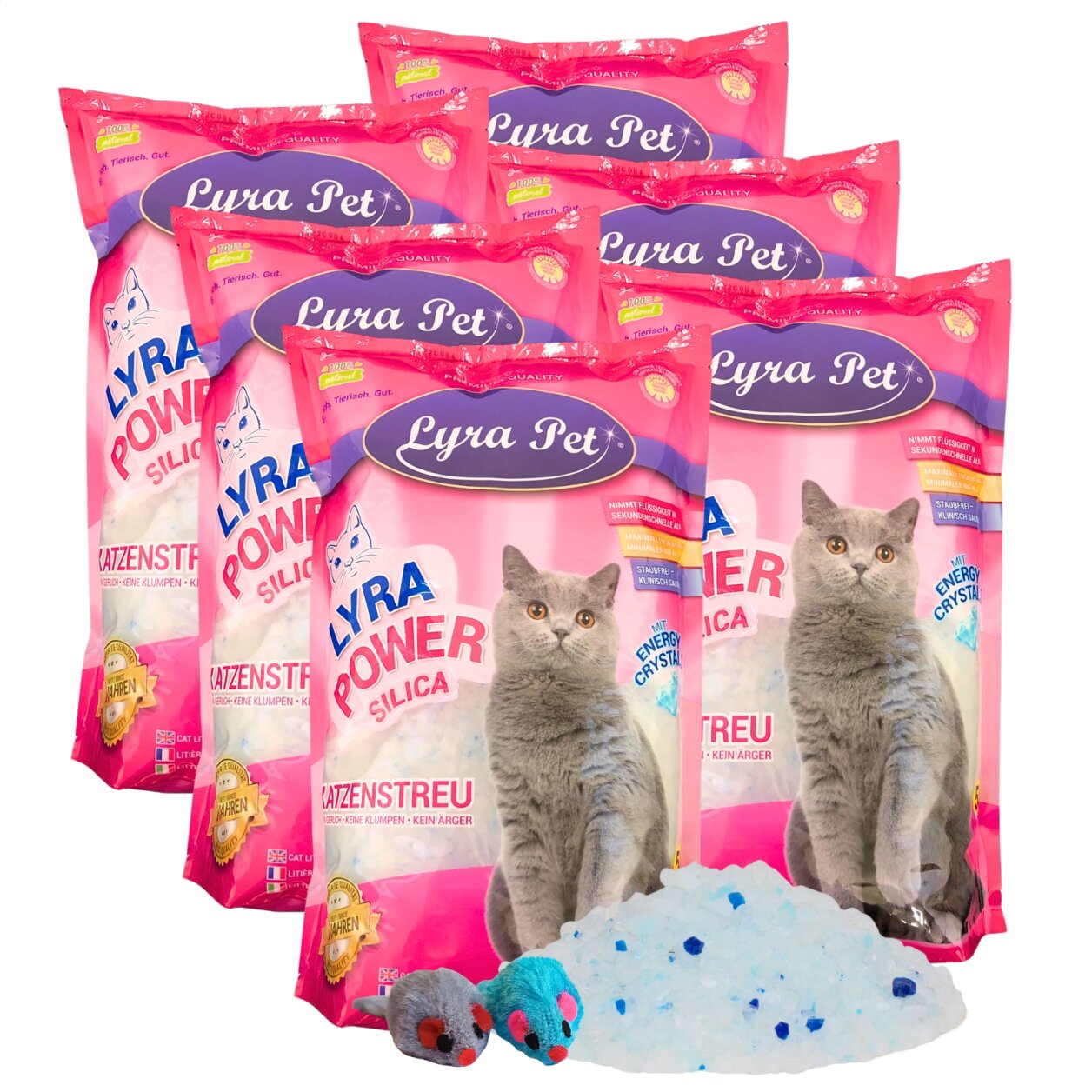 6 x 5 Liter Lyra Pet® Lyra Power® Silica Silikat Katzenstreu + 2 Mäuse
