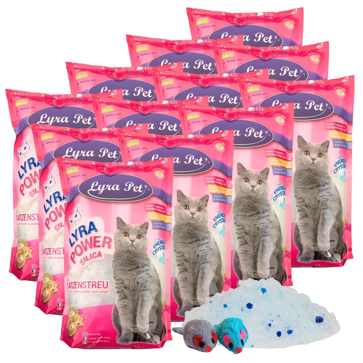 12 x 5 Liter Lyra Pet® Lyra Power® Silica Silikat Katzenstreu + 2 Mäuse