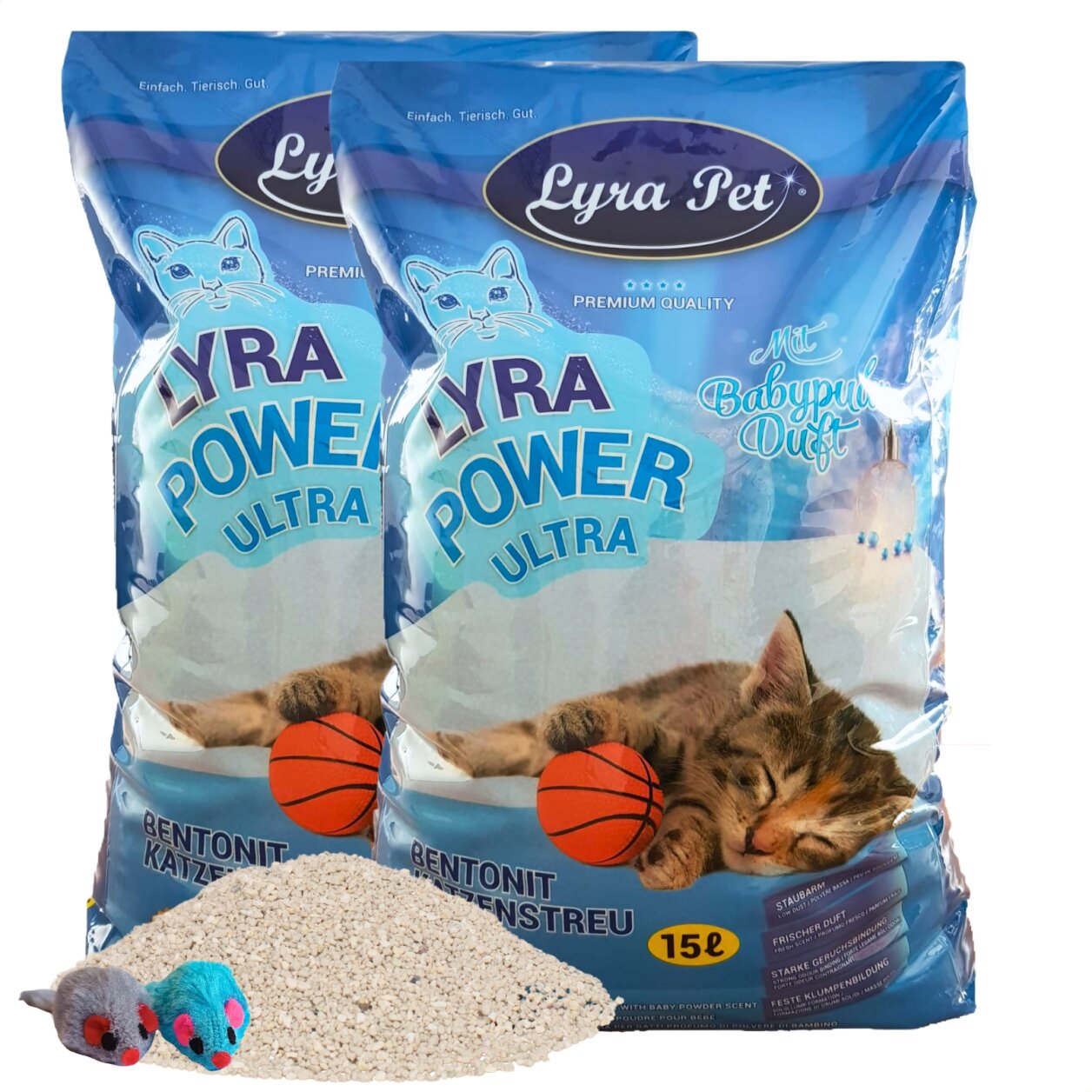 2 x 15 Liter Lyra Pet® Lyra Power® ULTRA excellent Katzenstreu Bentonit + 2 Mäuse