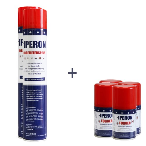 IPERON&reg; 4 x 750 ml Ungezieferspray &amp; 4 x 200 ml Fogger  im Set + Zeckenhaken