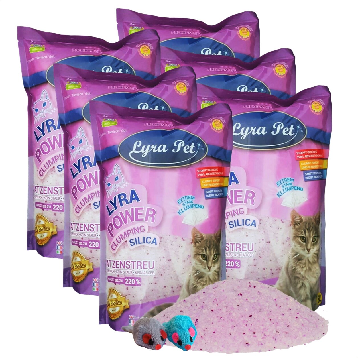6 x 5 Liter Lyra Pet® Lyra Power® Silica Silikat klumpend Katzenstreu + 2 Mäuse