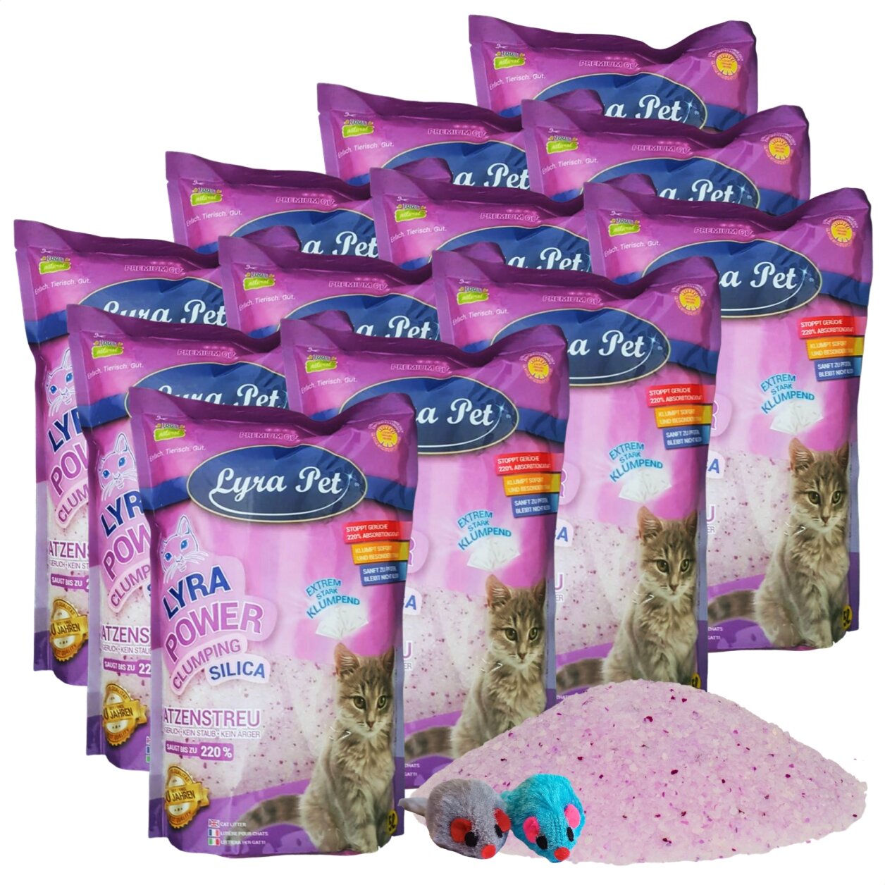 12 x 5 Liter Lyra Pet® Lyra Power® Silica Silikat klumpend Katzenstreu + 2 Mäuse