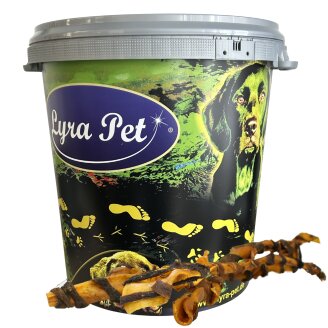 10 Stk. Lyra Pet® XXL Rinderkopfhautstangen mit Pansen ca. 70 cm in 30 L Tonne