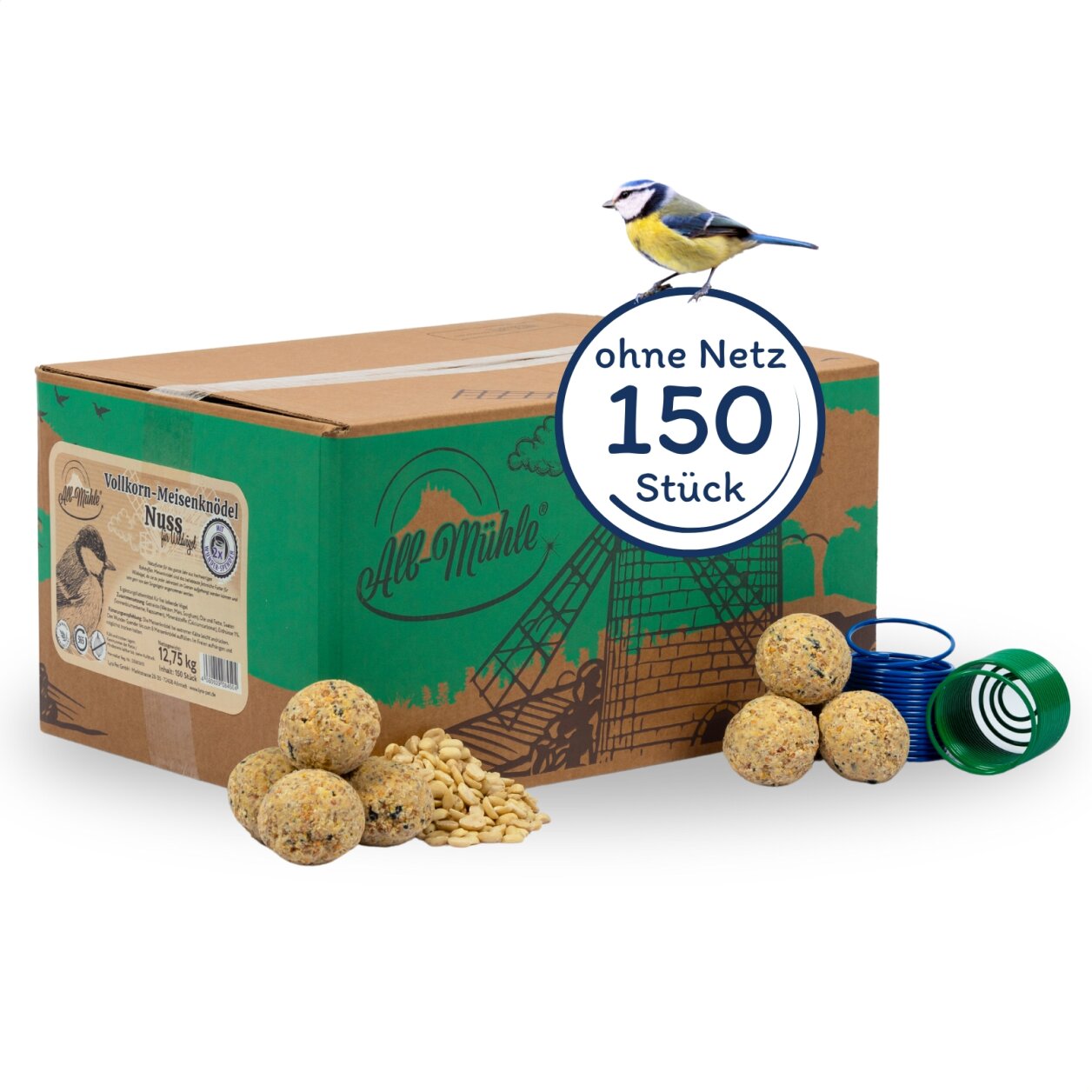 150 Stk. Lyra Pet® Meisenknödel aus der Alb-Mühle ohne Netz Vollkorn & Nuss à 85 g + 2 Spender