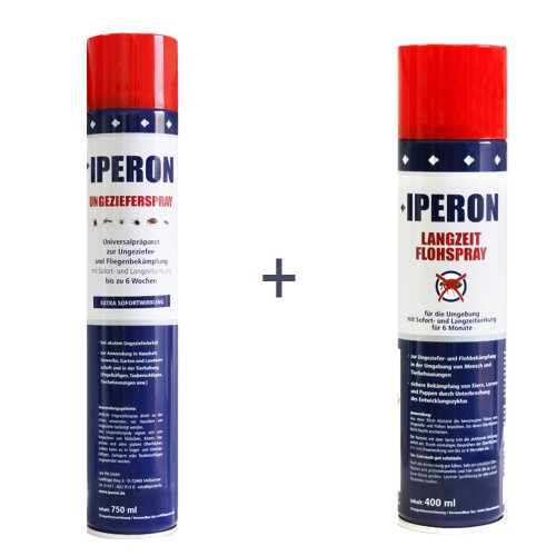IPERON&reg; 750 ml Ungezieferspray &amp; 400 ml Langzeit Flohspray im Set + Zeckenhaken