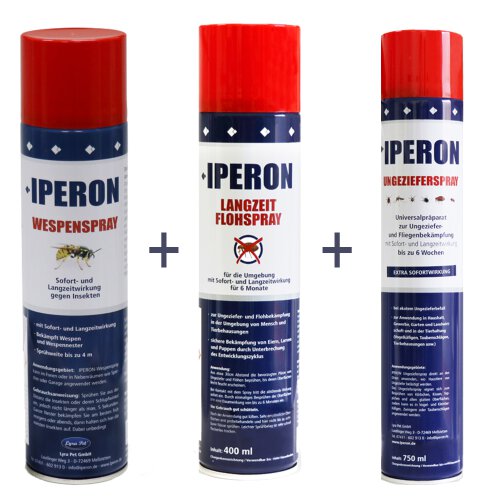 IPERON&reg; 3 x 750 ml Ungezieferspray &amp; 3 x 400 ml Flohspray &amp; 3 x 400 ml Wespenspray im Set + Zeckenhaken