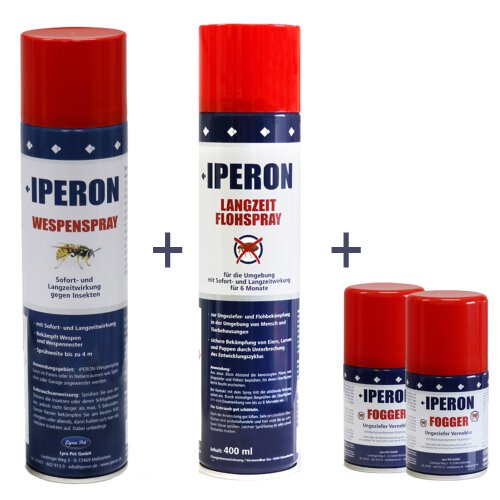 IPERON&reg; 2 x 200 ml Fogger &amp; 2 x 400 ml Flohspray &amp; 2 x 400 ml Wespenspray im Set + Zeckenhaken