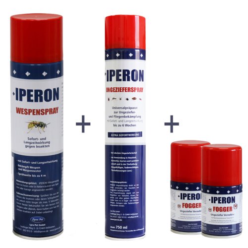 IPERON&reg; 750 ml Ungezieferspray &amp; 200 ml Fogger &amp; 400 ml Wespenspray im Set + Zeckenhaken
