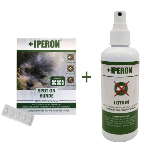 IPERON&reg; 5 x 5 x 1 ml SPOT-ON kleiner Hund &amp; 5 x 200 ml Lotion im Set + Zeckenhaken