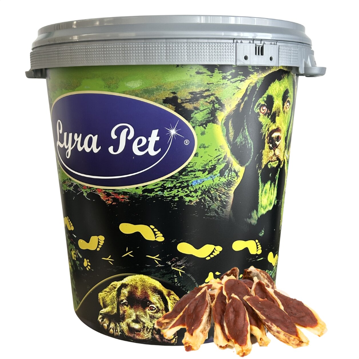 5 kg Lyra Pet® Kaninchenohren gefüllt mit Entenfleisch in 30 L Tonne