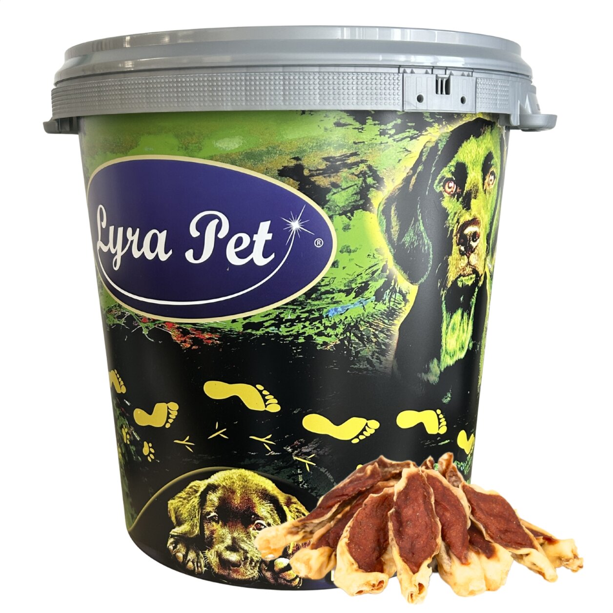 5 kg Lyra Pet® Kaninchenohren gefüllt mit Hühnerfleisch in 30 L Tonne