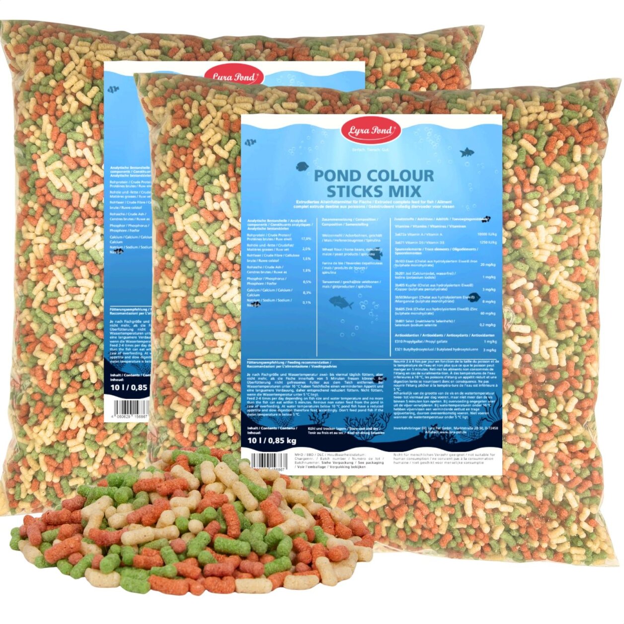 2 x 10 Liter (1,7 kg) Lyra Pond® Pond Colour Sticks Koi Mix Fischfutter Teichfutter