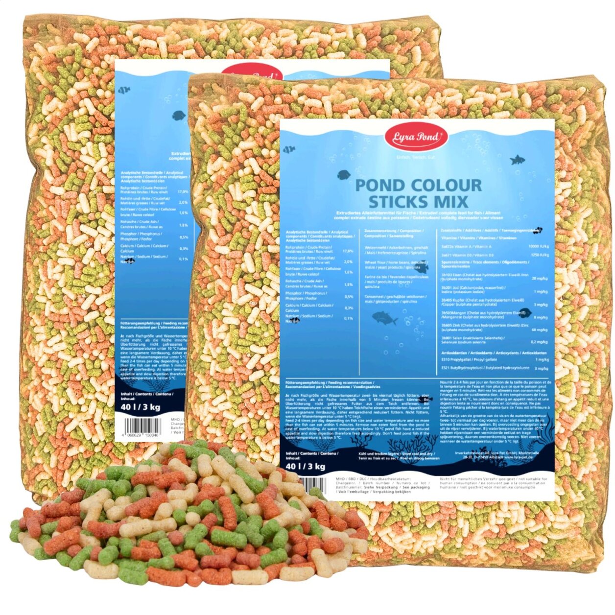 2 x 40 Liter (6 kg) Lyra Pond® Pond Colour Sticks Koi Mix Fischfutter Teichfutter