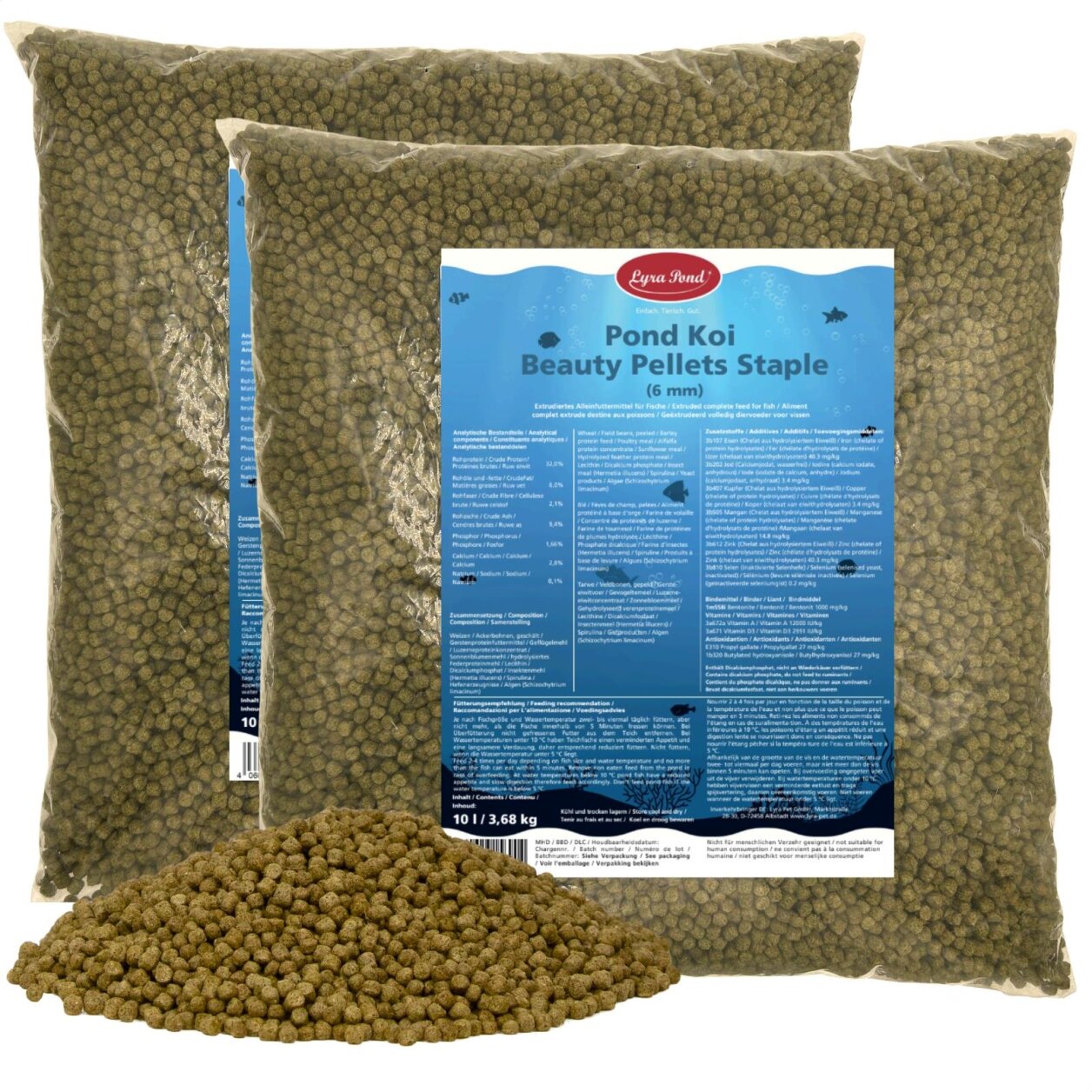 2 x 10 Liter (7,36 kg) Lyra Pond® Pond Koi Beauty Pellets Staple Fischfutter Teichfutter