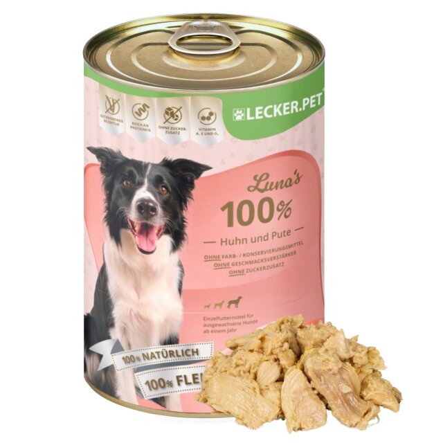 6 - 24 Stk.Lecker.Pet Luna's 100 % Huhn und Pute Hundefutter Nassfut