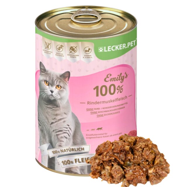 6 - 24 Stk.Lecker.Pet Emily's 100 % Rindermuskelfleisch Katzenfutter