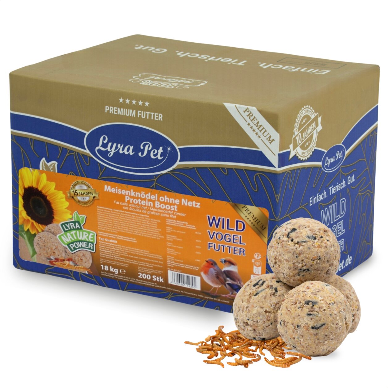 200 Stk. Lyra Pet® Meisenknödel Protein Boost mit Mehlwürmern ohne Netz à 90 g = 18 kg