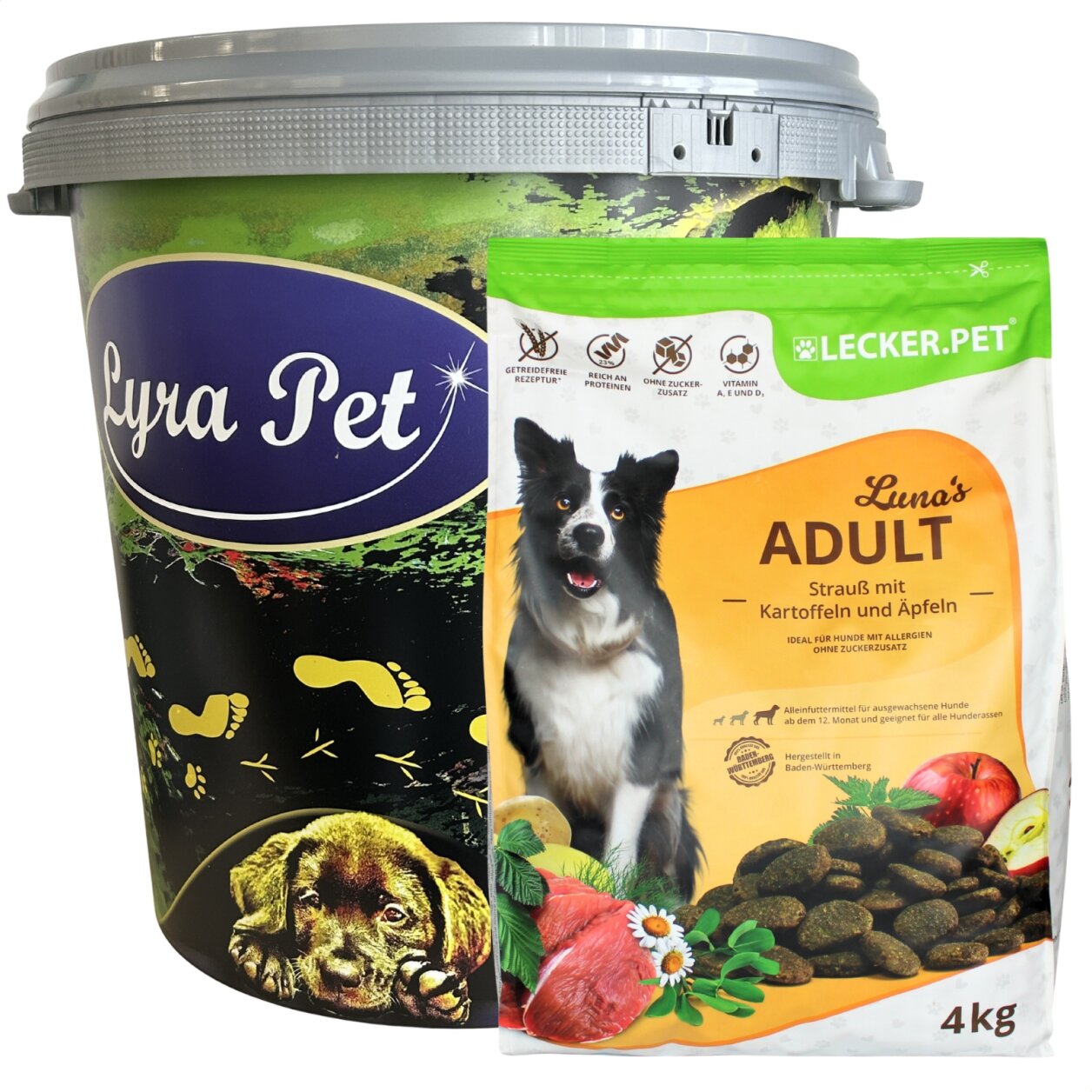 4 kg Lecker.Pet® Luna's Adult Strauß mit Kartoffel & Apfel Hundefutter Trockenfutter Vollnahrung in 30 L Tonne
