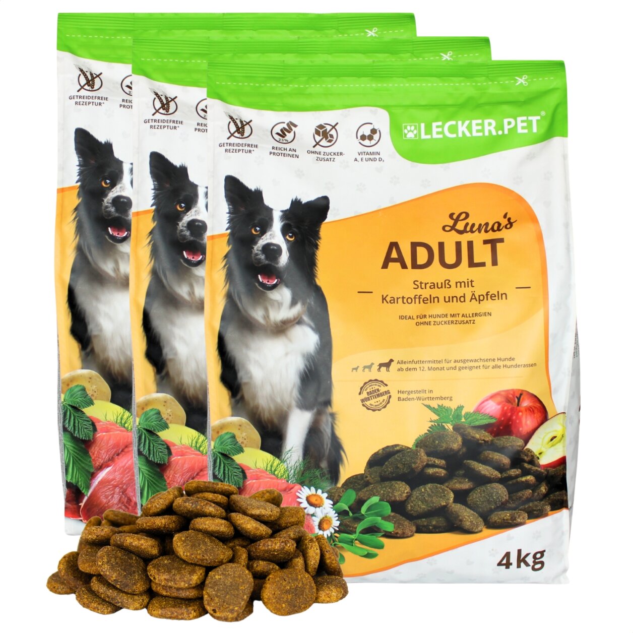 12 kg Lecker.Pet® Luna's Adult Strauß mit Kartoffel & Apfel Hundefutter Trockenfutter Vollnahrung