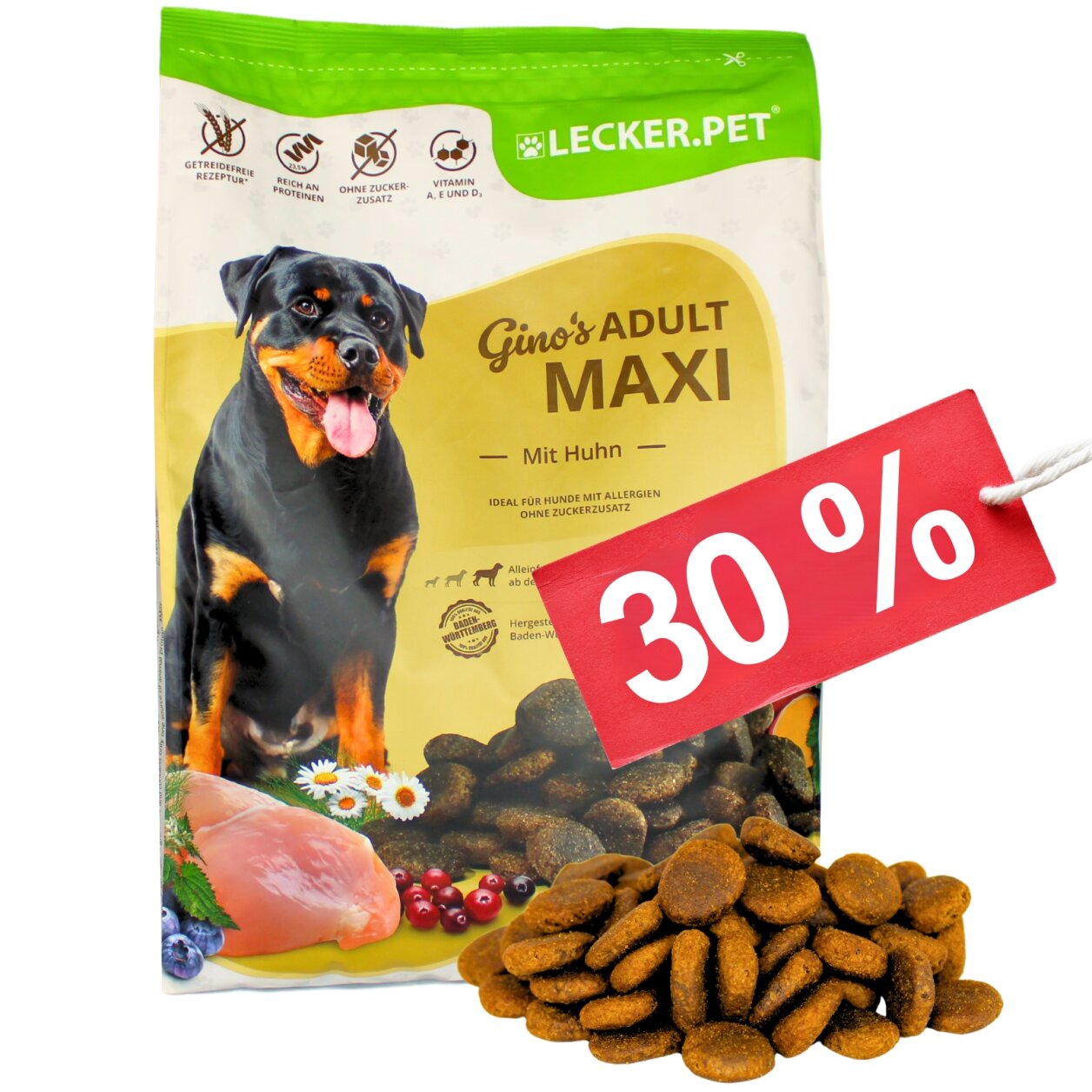 4 - 12 kg Lecker.Pet Gino's Adult Maxi mit Huhn Hundefutter Trockenf