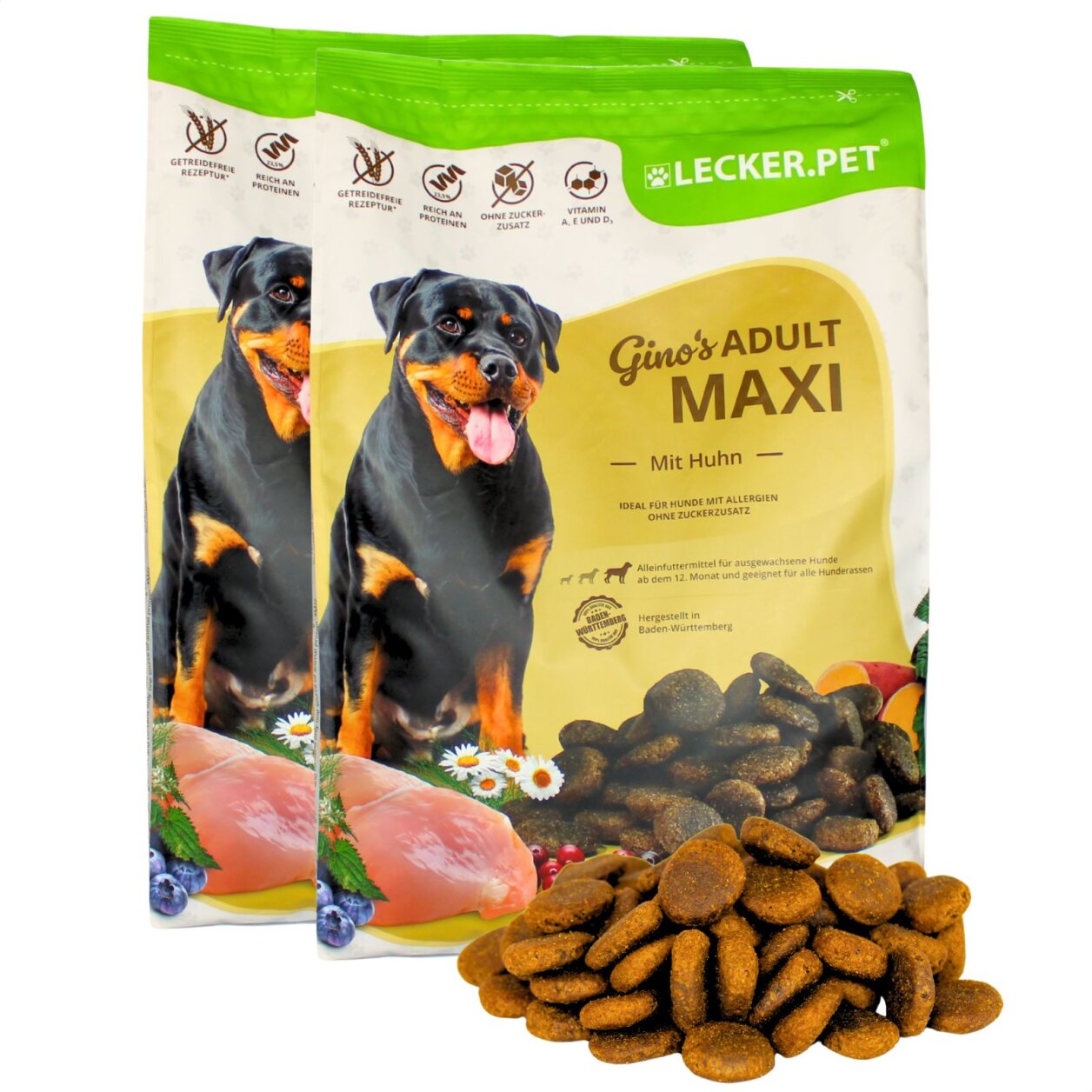 8 kg Lecker.Pet® Gino's Adult Maxi mit Huhn Hundefutter Trockenfutter Vollnahrung