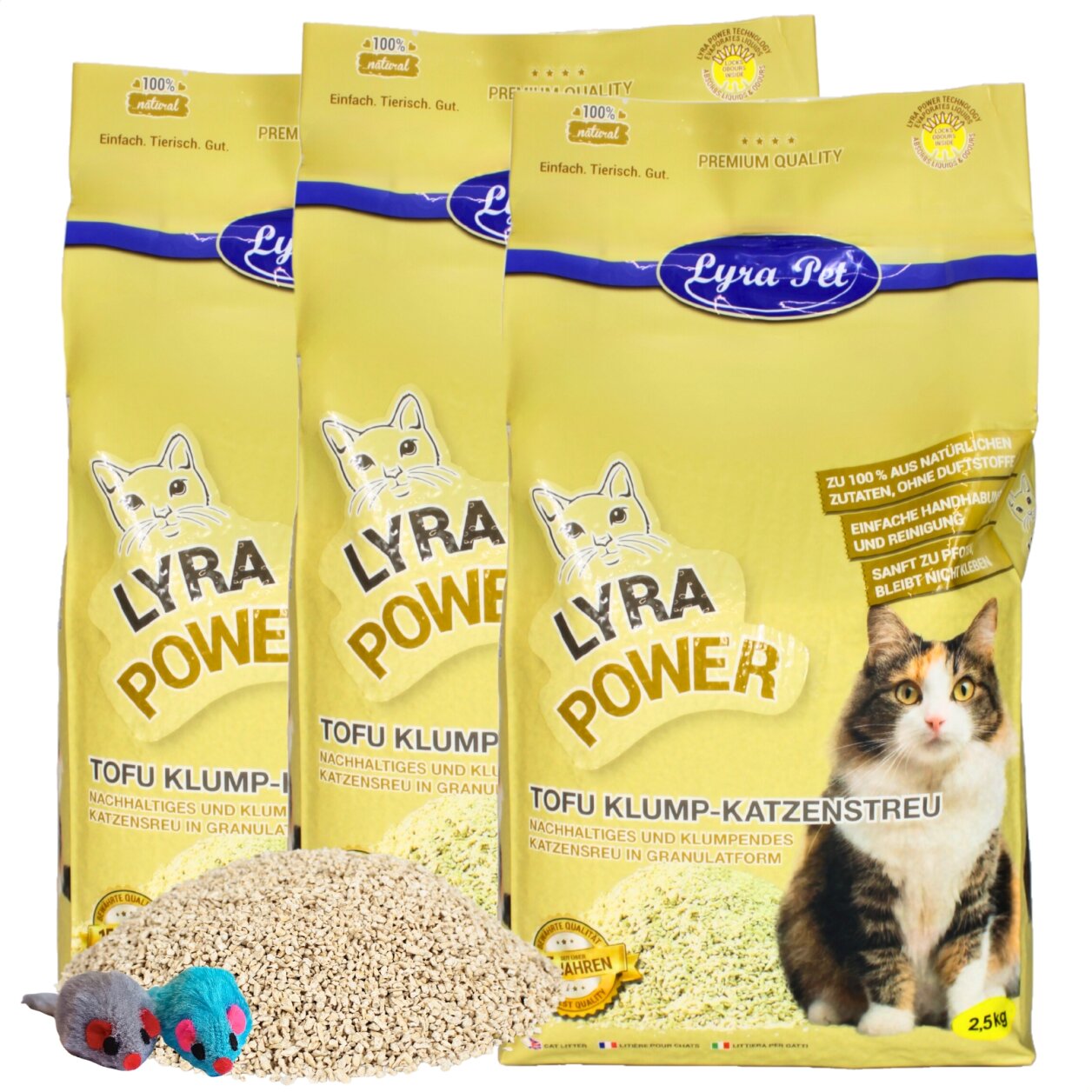 7,5 kg Lyra Pet® Tofu Katzenstreu klumpend + 2 Mäuse