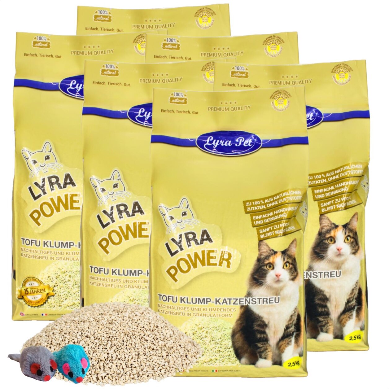 15 kg Lyra Pet® Tofu Katzenstreu klumpend + 2 Mäuse