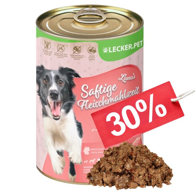 6 x 400 g Lecker.Pet® Lunas Saftige Fleischmahlzeit mit Lamm Hundefutter Nassfutter MHD 10/2026