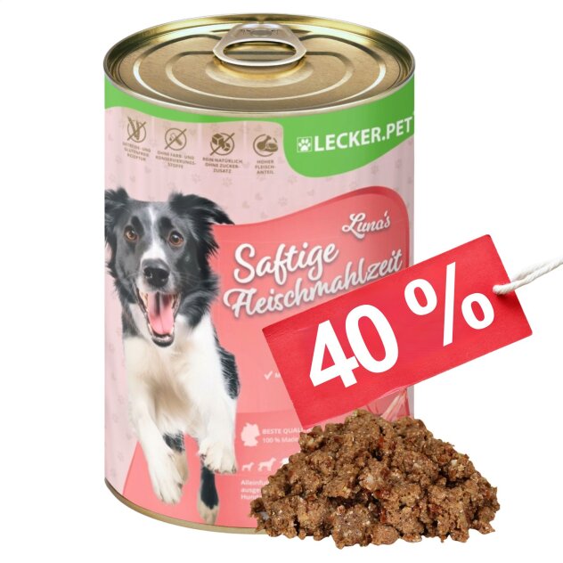 24 x 400 g Lecker.Pet® Lunas Saftige Fleischmahlzeit mit Lamm Hundefutter Nassfutter MHD 10/2026