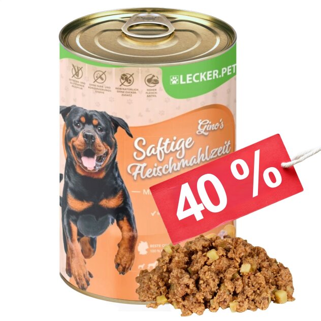 24 x 400 g Lecker.Pet® Gino's Sappige vleesmaaltijd met kip & aardappelen Hondenvoer Natvoer Houdbaar tot 10/2026
