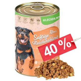 24 x 400 g Lecker.Pet® Gino's Sappige vleesmaaltijd met kip & aardappelen Hondenvoer Natvoer Houdbaar tot 10/2026
