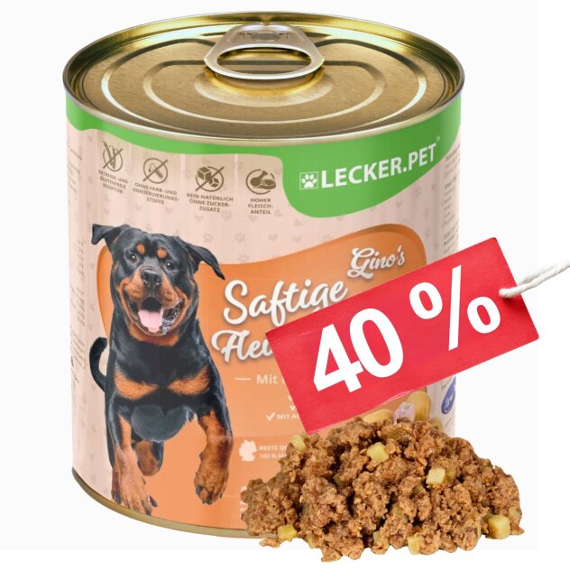 6 - 18 Pcs.Lecker.Pet® Ginos Repas de viande juteuse avec poulet & pommes de terre Nourriture humide pour chiens - 800 g de chaque en boîte