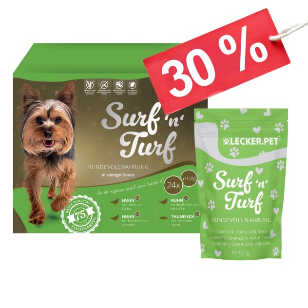 24 - 72 Stk. Lecker.Pet® SurfnTurf Pouches Hundefutter Nassfutter - 4 Sorten Multipack - je 150 g
