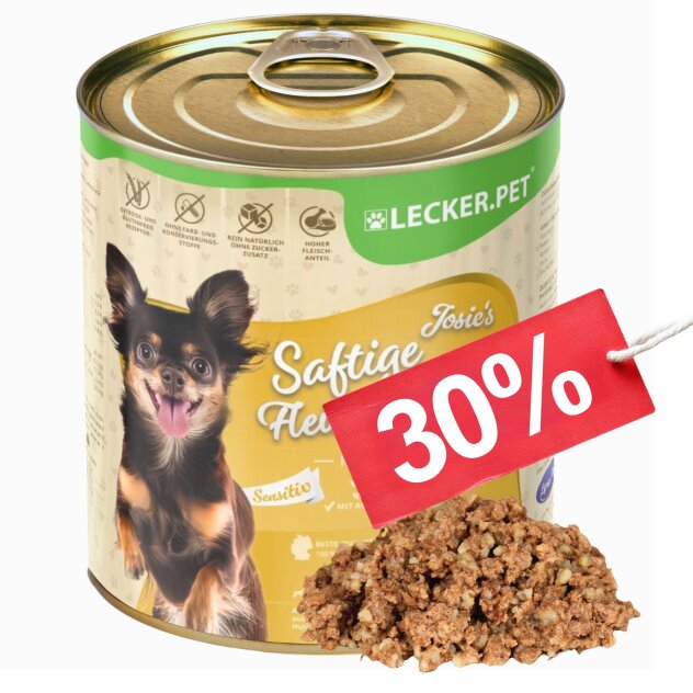6 - 18 Pcs.Lecker.Pet® Josies Repas de viande juteuse Sensitive avec dinde & riz Nourriture humide pour chiens - 800 g de chaque en boîte