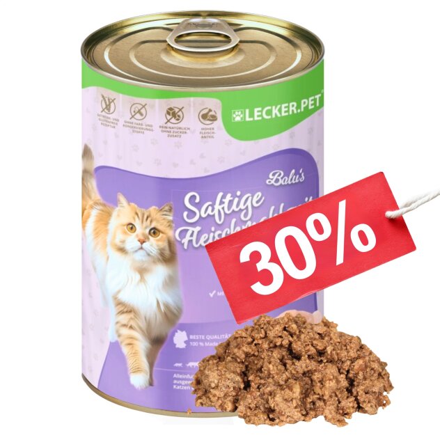 12 x 400 g Lecker.Pet® Balu's Sappige vleesmaaltijd met kip Kattenvoer Natvoer HTH 10/2026