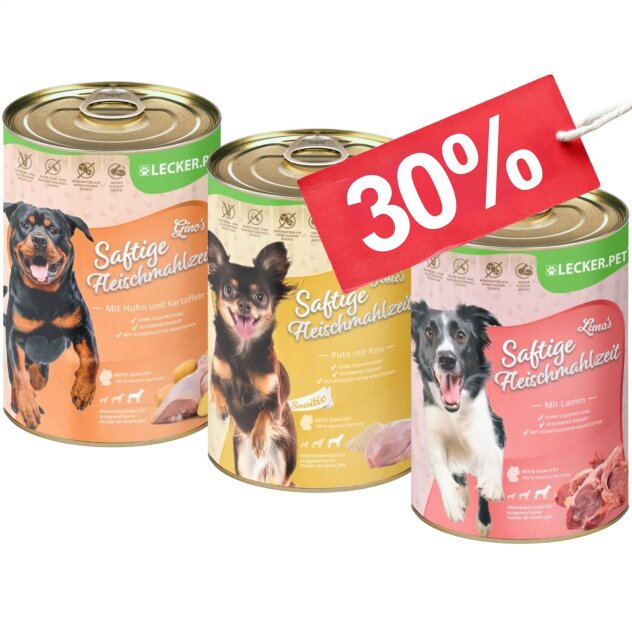 18 x 400 g Lecker.Pet® Ginos, Josies & Lunas Saftige Fleischmahlzeit Hundefutter Nassfutter Mix Vollnahrung - je Sorte 6 Dosen MHD 10/2026