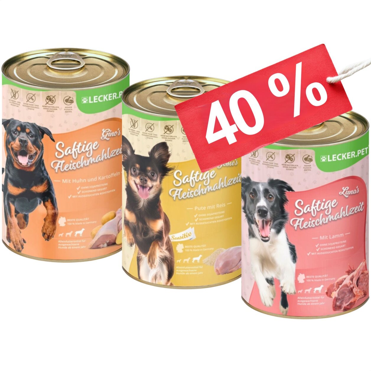 18 x 400 g Lecker.Pet® Gino's, Josie's & Luna's Saftige Fleischmahlzeit Hundefutter Nassfutter Mix Vollnahrung - je Sorte 6 Dosen MHD 10/2026