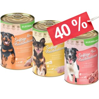 18 x 400 g Lecker.Pet® Ginos, Josies & Lunas Sappige Vleesmaaltijd Hondenvoer Natvoer Mix Compleetvoer - 6 blikken van elke soort
