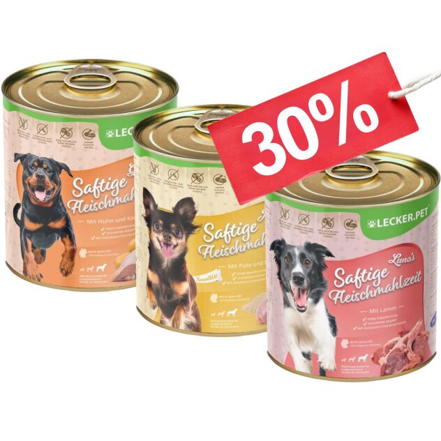 18 x 800 g Lecker.Pet® Ginos, Josies & Lunas Saftige Fleischmahlzeit Hundefutter Nassfutter Mix Vollnahrung - je Sorte 6 Dosen MHD 10/2026