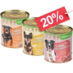 18 x 800 g Lecker.Pet® Ginos, Josies & Lunas Saftige Fleischmahlzeit Hundefutter Nassfutter Mix Vollnahrung - je Sorte 6 Dosen