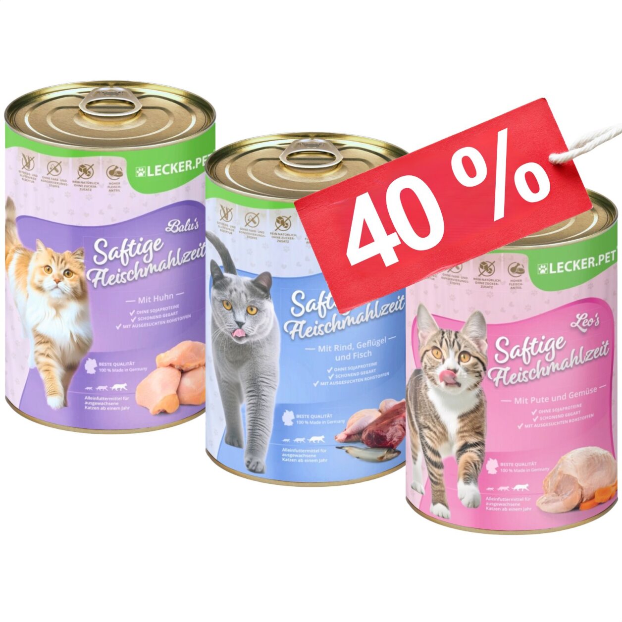18 x 400 g Lecker.Pet® Balu's, Emily's & Leo's Saftige Fleischmahlzeit Katzenfutter Nassfutter Mix Vollnahrung - je Sorte 6 Dosen MHD 10/2026