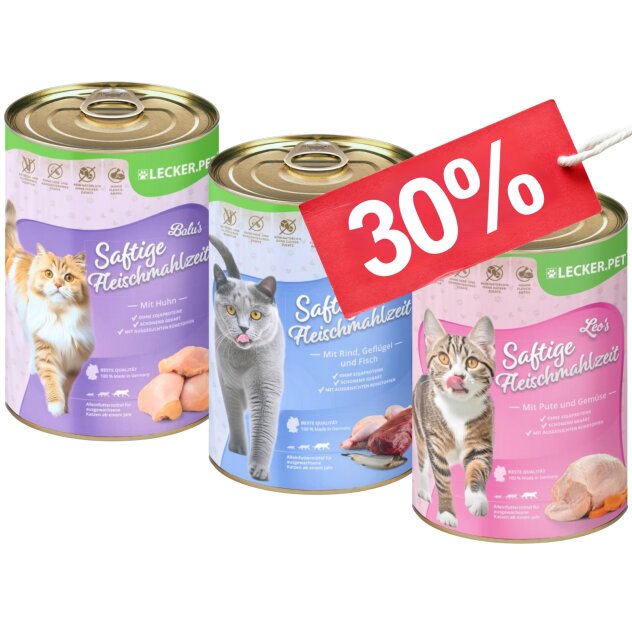 18 x 400 g Lecker.Pet® Balus, Emilys & Leos Saftige Fleischmahlzeit Katzenfutter Nassfutter Mix Vollnahrung - je Sorte 6 Dosen MHD 10/2026