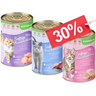 18 x 400 g Lecker.Pet® Balus, Emilys & Leos Saftige Fleischmahlzeit Katzenfutter Nassfutter Mix Vollnahrung - je Sorte 6 Dosen MHD 10/2026