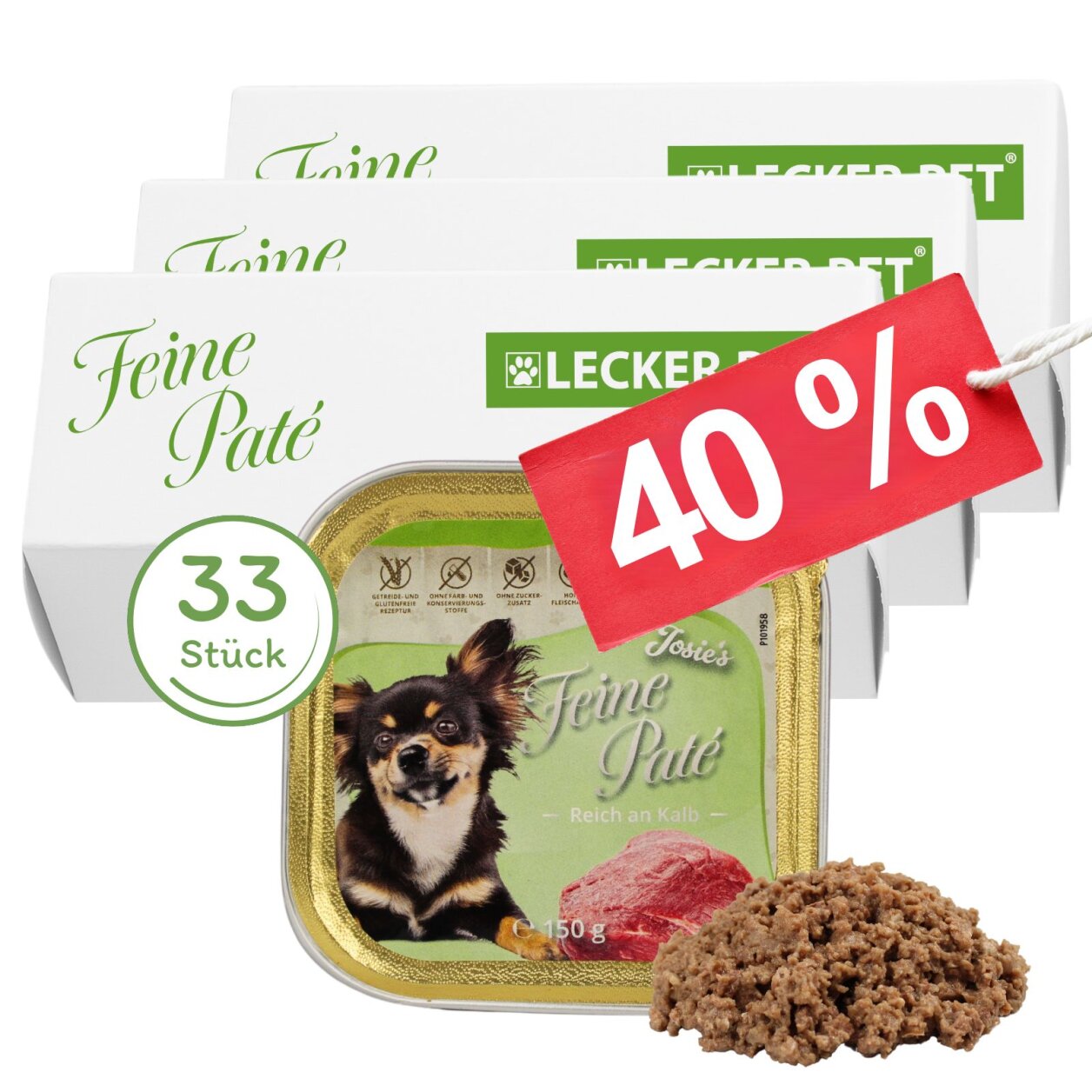 33 x 150 g Lecker.Pet® Josie's Feine Paté Reich an Kalb Hundefutter Nassfutter Vollnahrung