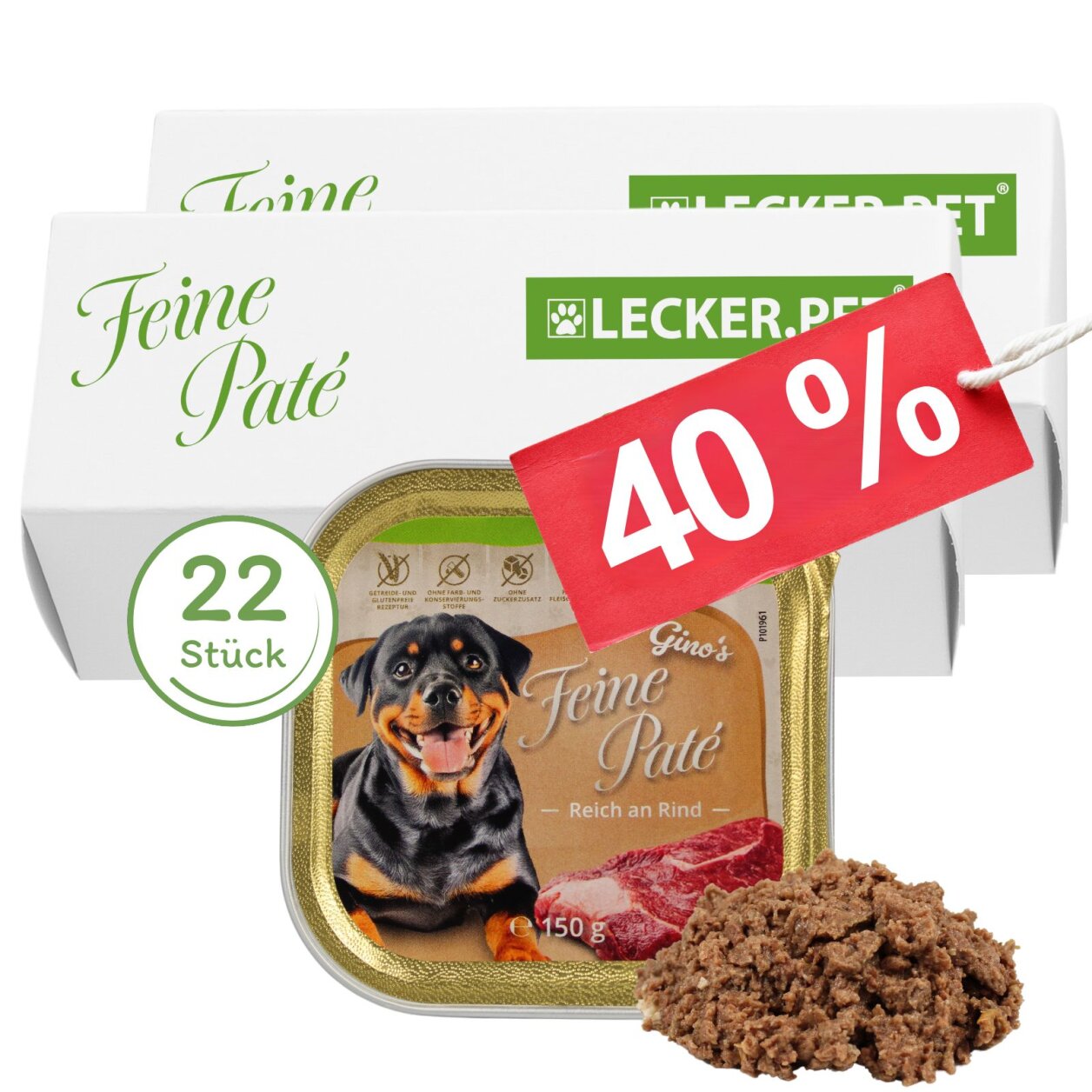 22 x 150 g Lecker.Pet® Gino's Feine Paté Reich an Rind Hundefutter Nassfutter Vollnahrung
