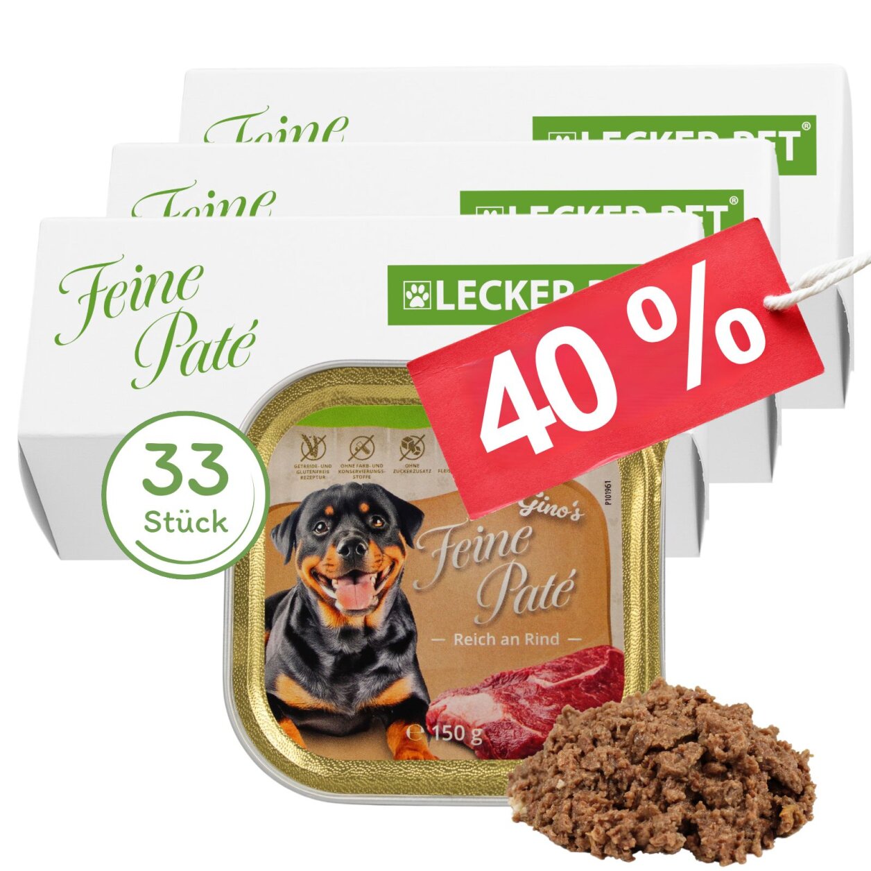 33 x 150 g Lecker.Pet® Gino's Feine Paté Reich an Rind Hundefutter Nassfutter Vollnahrung