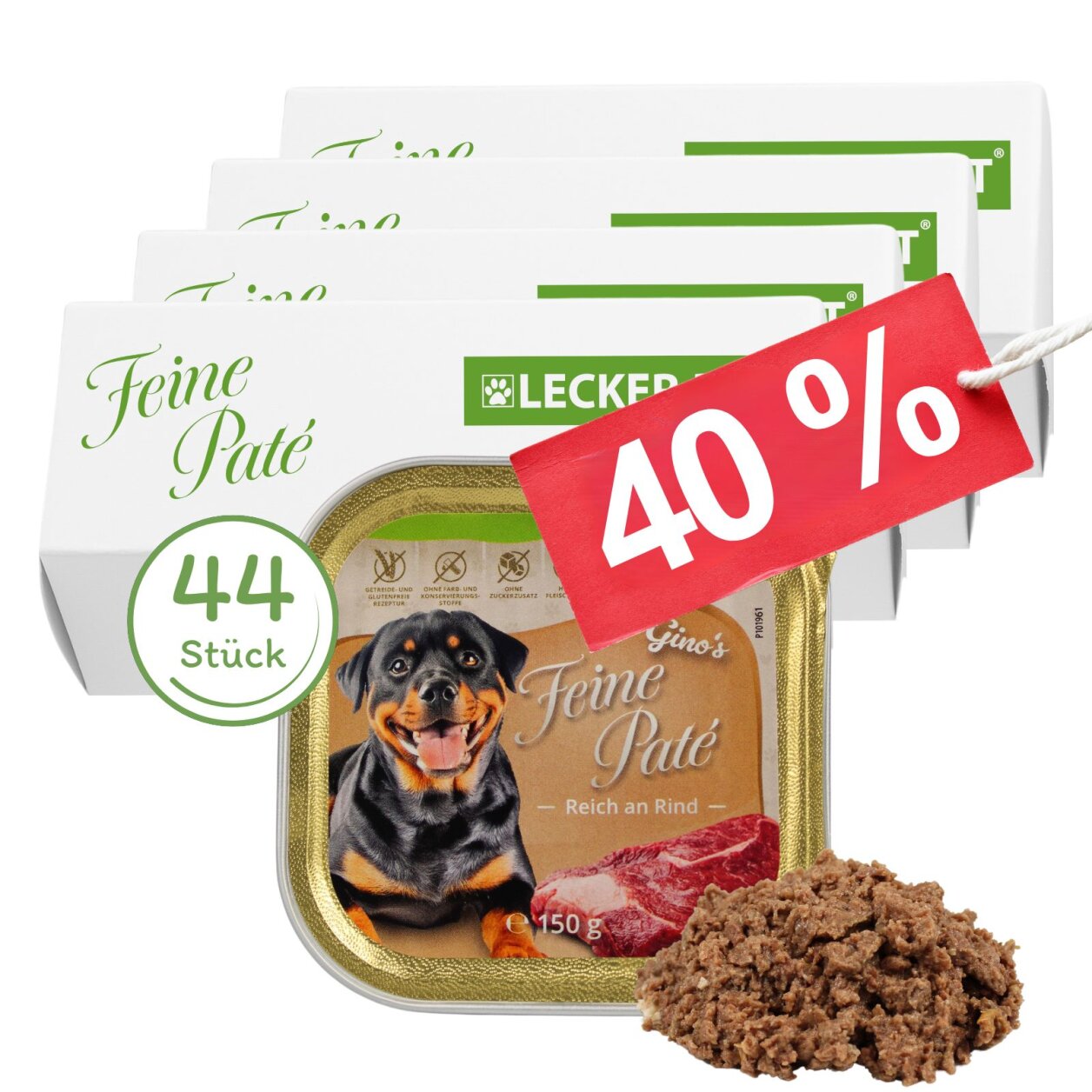 44 x 150 g Lecker.Pet® Gino's Feine Paté Reich an Rind Hundefutter Nassfutter Vollnahrung