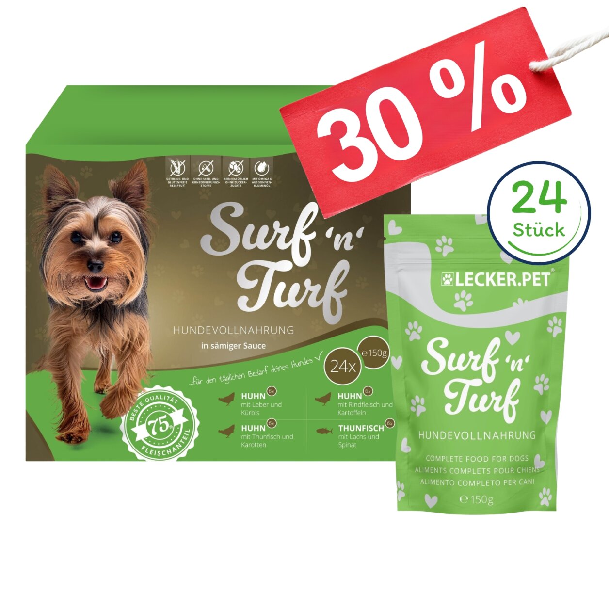 24 X 150 G Lecker.Pet® Surf'n'Turf Pouches Hundefutter Nassfutter - 4 Sorten Multipack