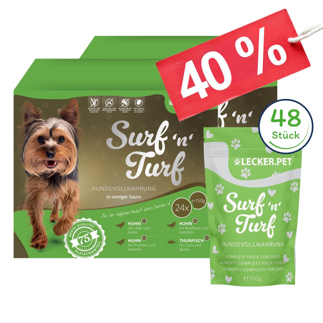 48 x 150 g Lecker.Pet® Surf'n'Turf Pouches Hundefutter Nassfutter - 4 Sorten Multipack MHD 11/2026