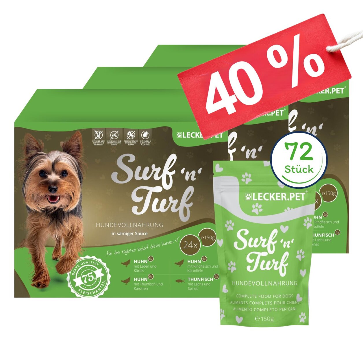 72 x 150 g Lecker.Pet® Surf'n'Turf Pouches Hundefutter Nassfutter - 4 Sorten Multipack MHD 11/2026